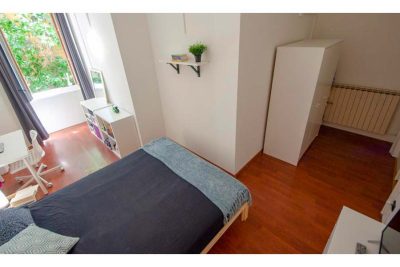 vista della stanza ampia con letto matrimoniale a uso singola e finestra con vista su alberi