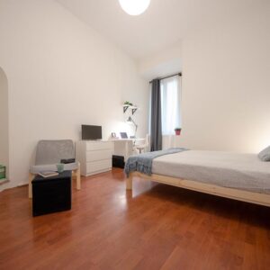 vista della stanza con letto matrimoniale, zona studio, finestra, cassettiera e tv