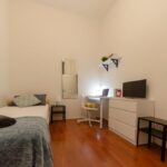 vista della stanza con letto singolo, armadio con specchio, zona studio, cassettiera e tv